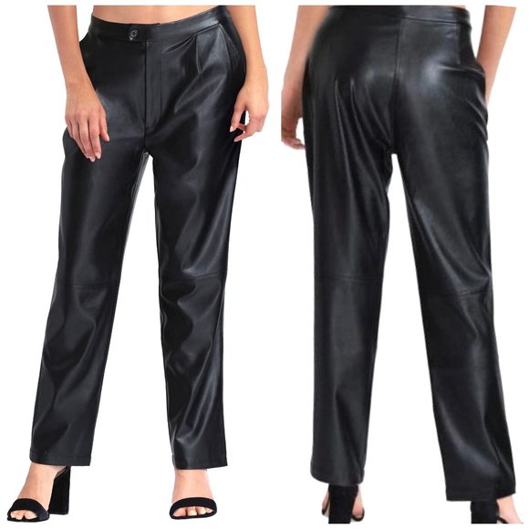 NWT Halston Black Faux Leather Straight‎ Leg Pant Ankle Length Size Extra Large - Picture 1 of 12